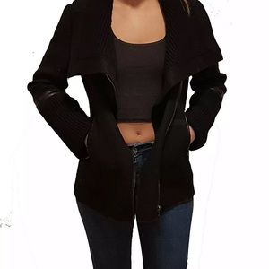 Mackage black wool fitted jacket with leather strip details.